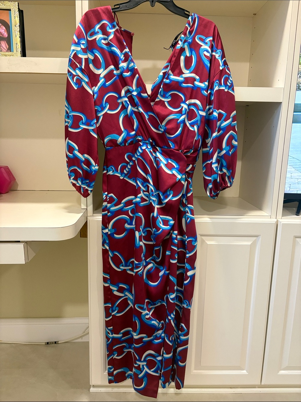 Zara Women’s Burgundy Chain-Print Wrap Dress